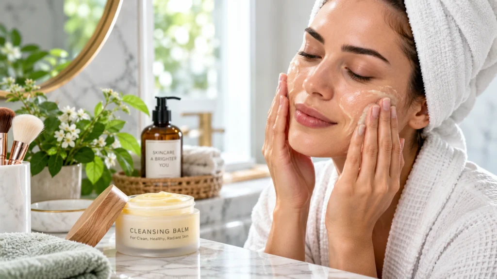 Woman gently applying cleansing balm during a skincare routine