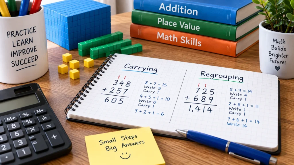 Addition carrying and regrouping techniques shown with step-by-step multi-digit addition examples