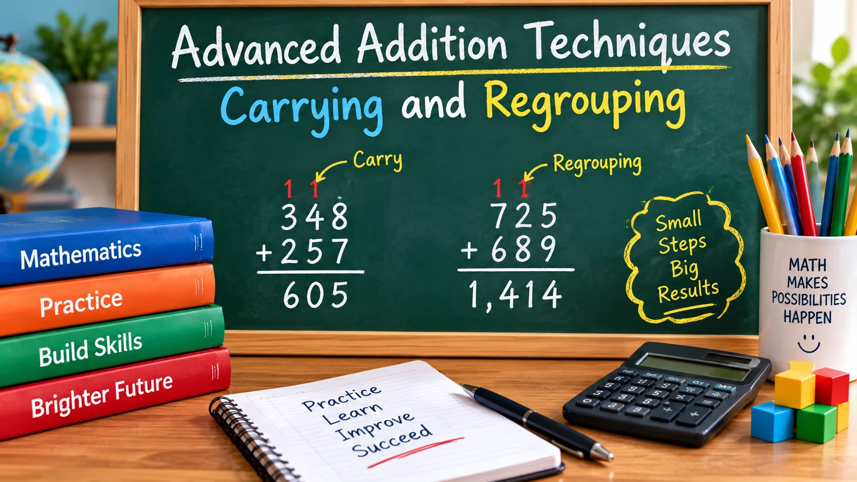 Advanced addition techniques showing carrying and regrouping with multi-digit math examples on a classroom chalkboard