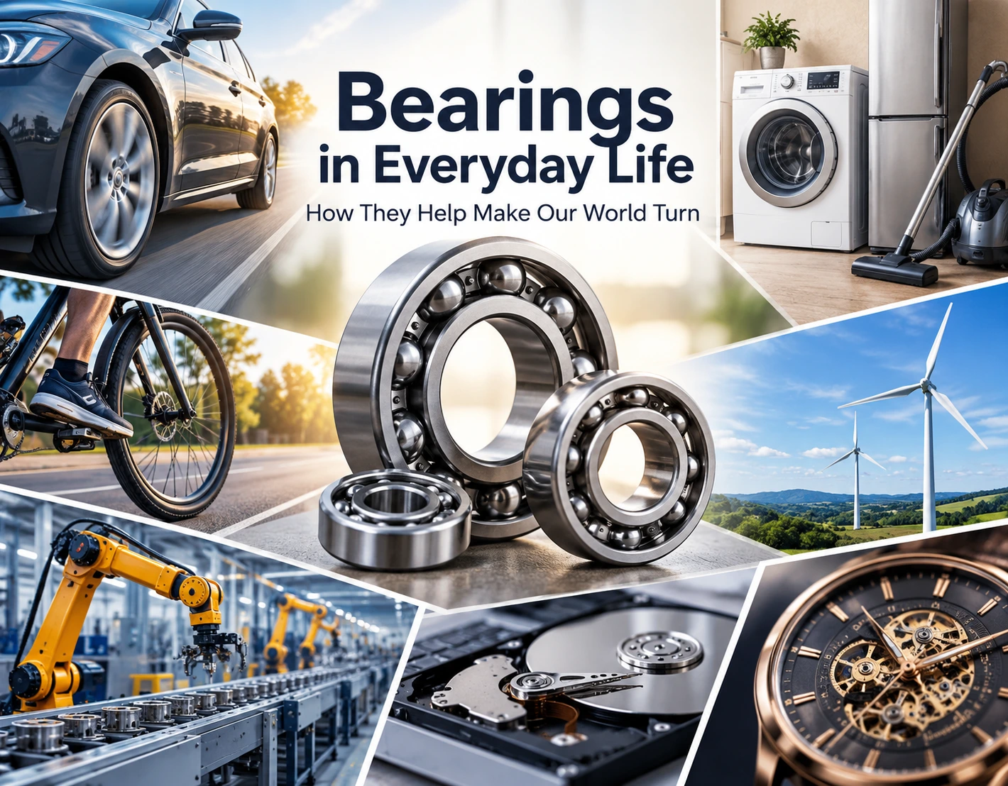 Bearings used in everyday life including cars, wind turbines, factory machinery, appliances, bicycles, computers, and watches