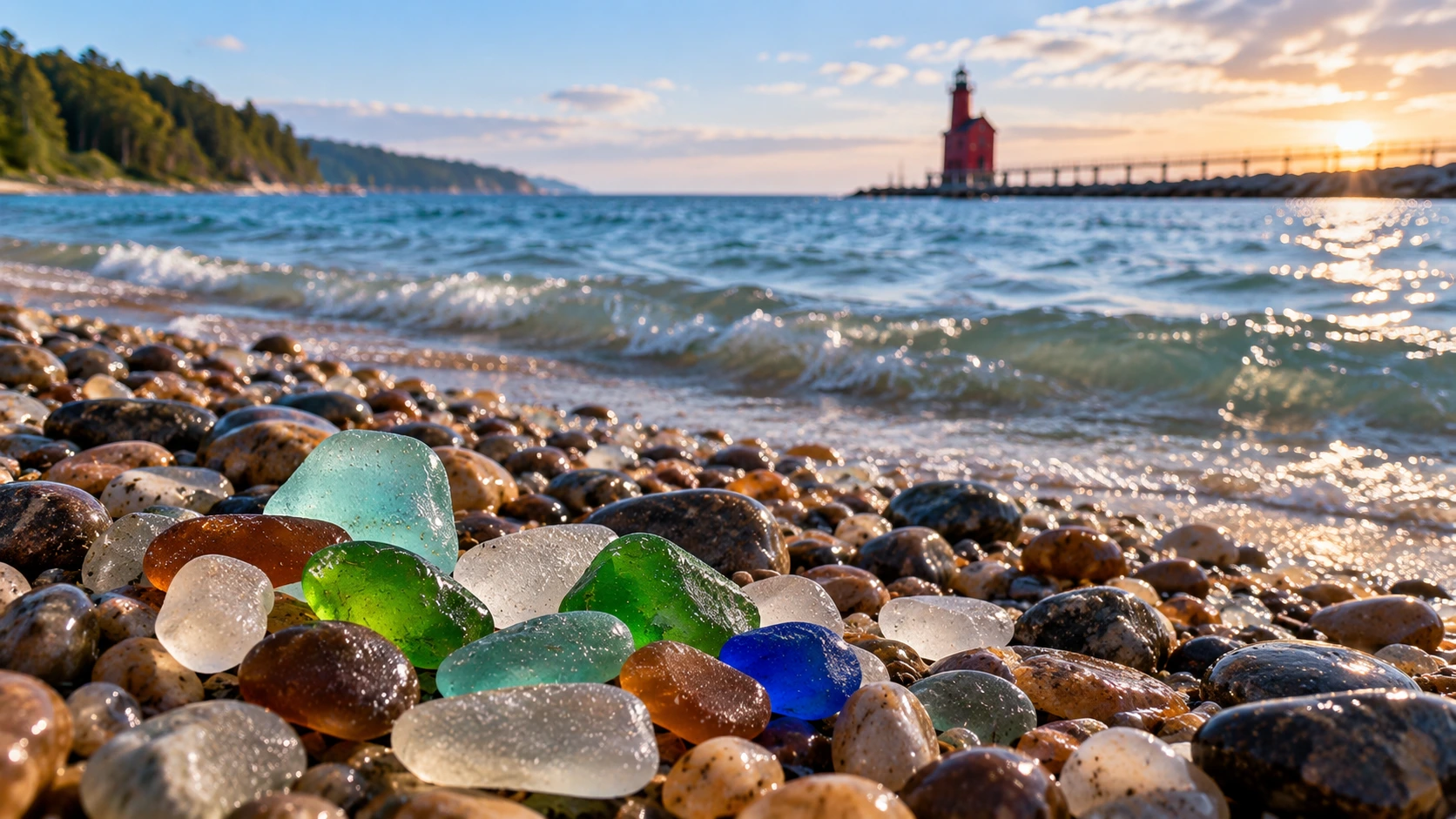Colorful beach glass among pebbles along a Michigan Great Lakes shoreline
