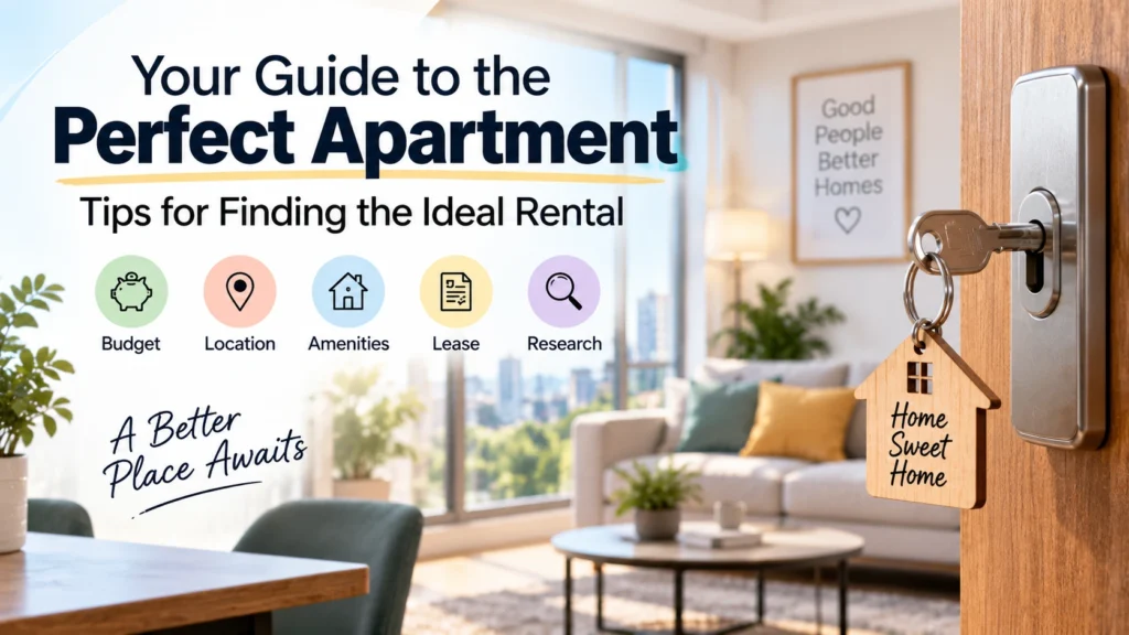 Modern apartment interior with house keys and rental guide tips for finding the ideal apartment