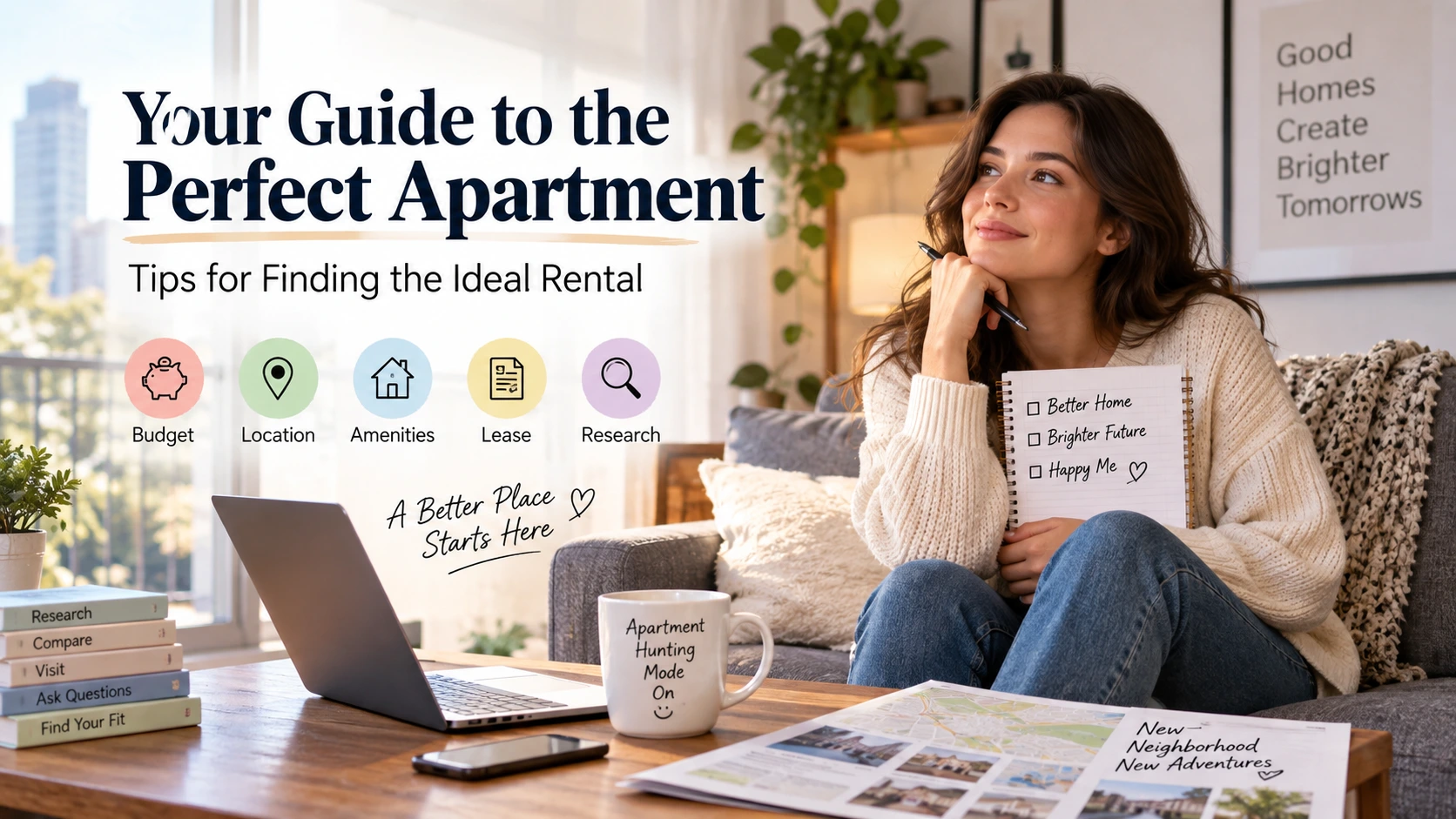 Woman reviewing an apartment rental checklist while comparing budget, location, amenities, lease, and research tips