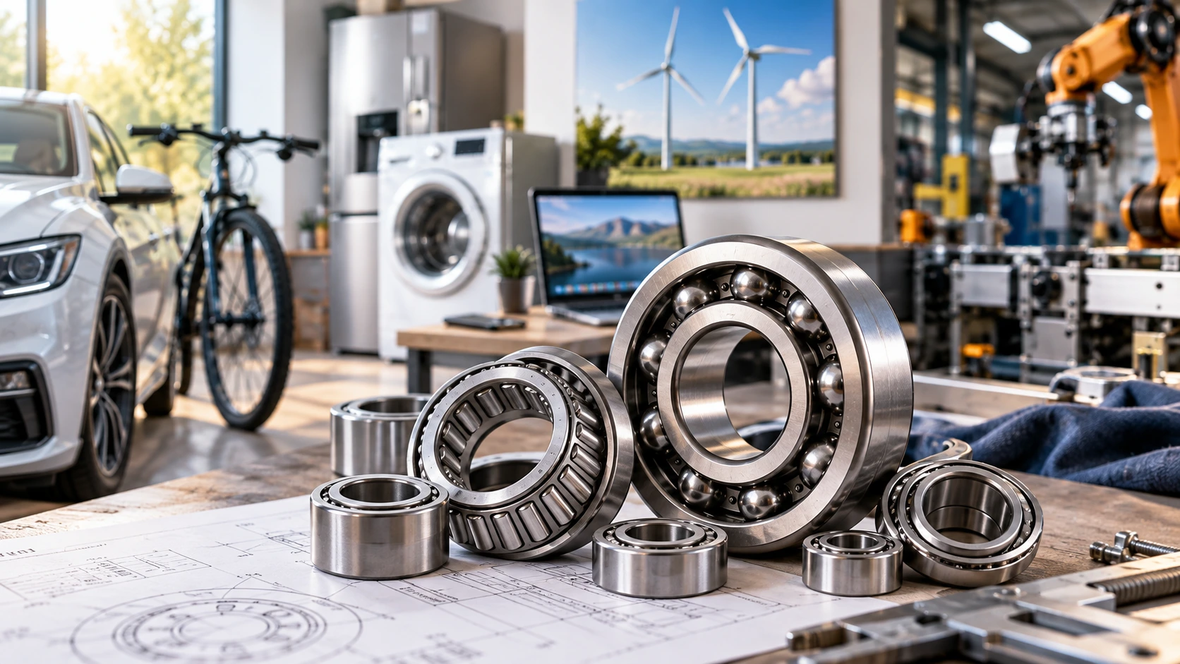 Realistic steel bearings on engineering drawings with everyday applications including a car, bicycle, washing machine, laptop, wind turbines, and industrial machinery