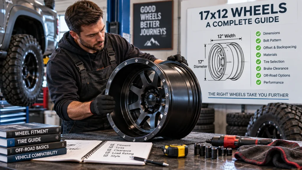 17x12 wheel being examined in an auto workshop with a guide to dimensions, bolt pattern, offset, tires, and fitment