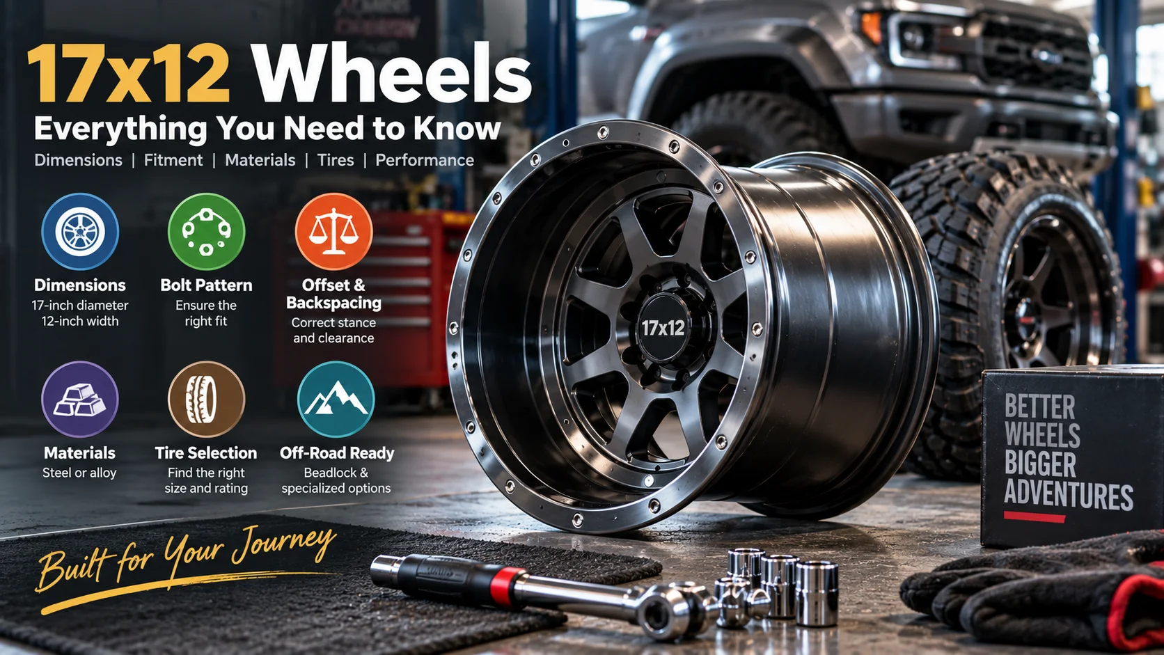 17x12 wheels with fitment, bolt pattern, offset, backspacing, tire selection, and off-road considerations