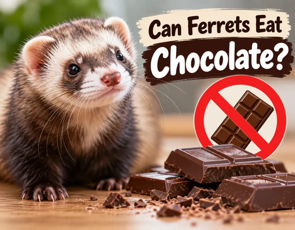 Ferret beside chocolate with a warning that ferrets should not eat chocolate