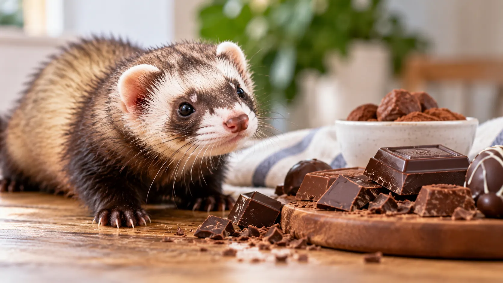 Curious ferret near chocolate pieces illustrating why chocolate is unsafe for ferrets