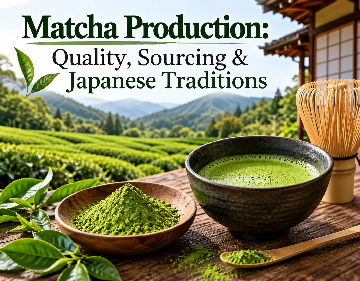 Matcha production with Japanese tea plantation, matcha powder, tea bowl, and bamboo whisk