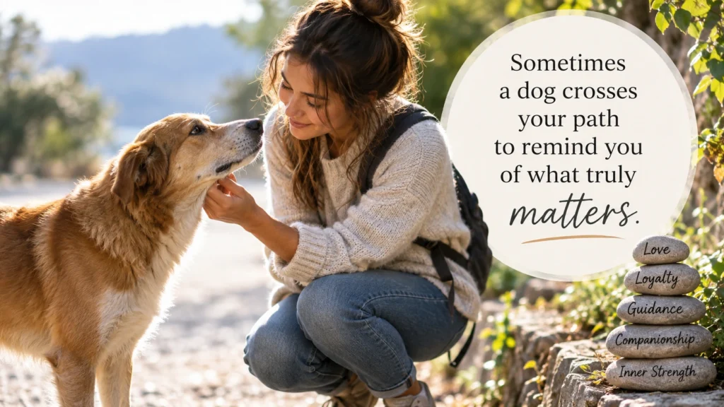 Woman encountering a dog on a nature trail representing the spiritual meaning of a dog crossing your path