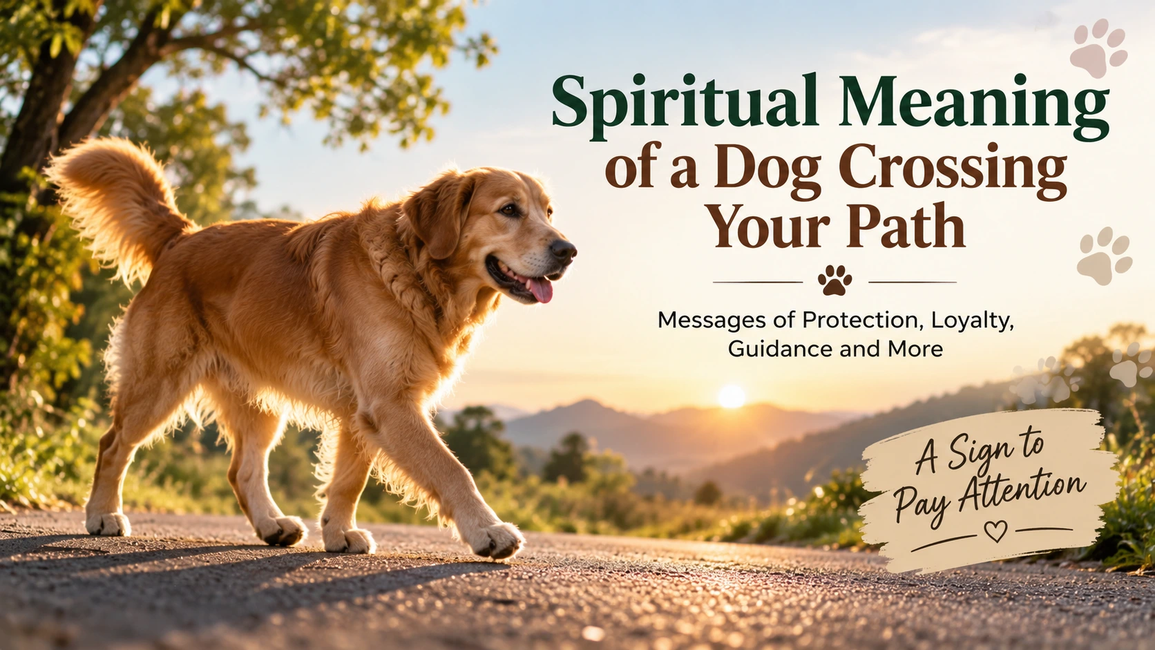 Golden retriever crossing a sunlit path representing the spiritual meaning of a dog crossing your path