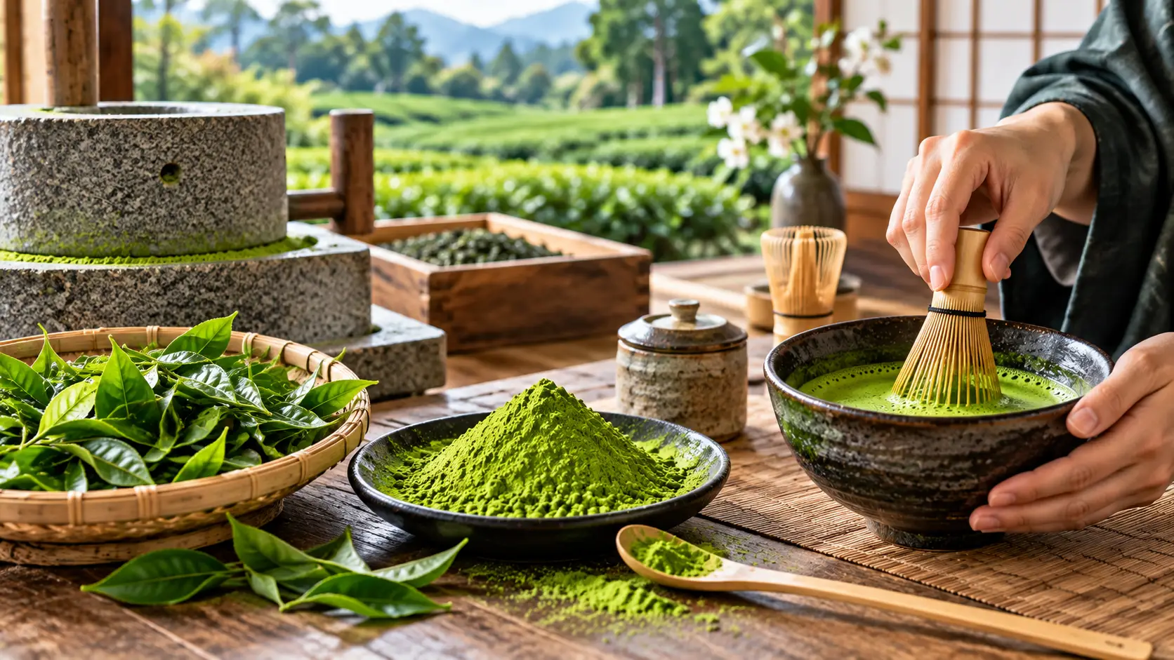 Traditional matcha production with fresh tea leaves, stone mill, matcha powder, and bamboo whisk