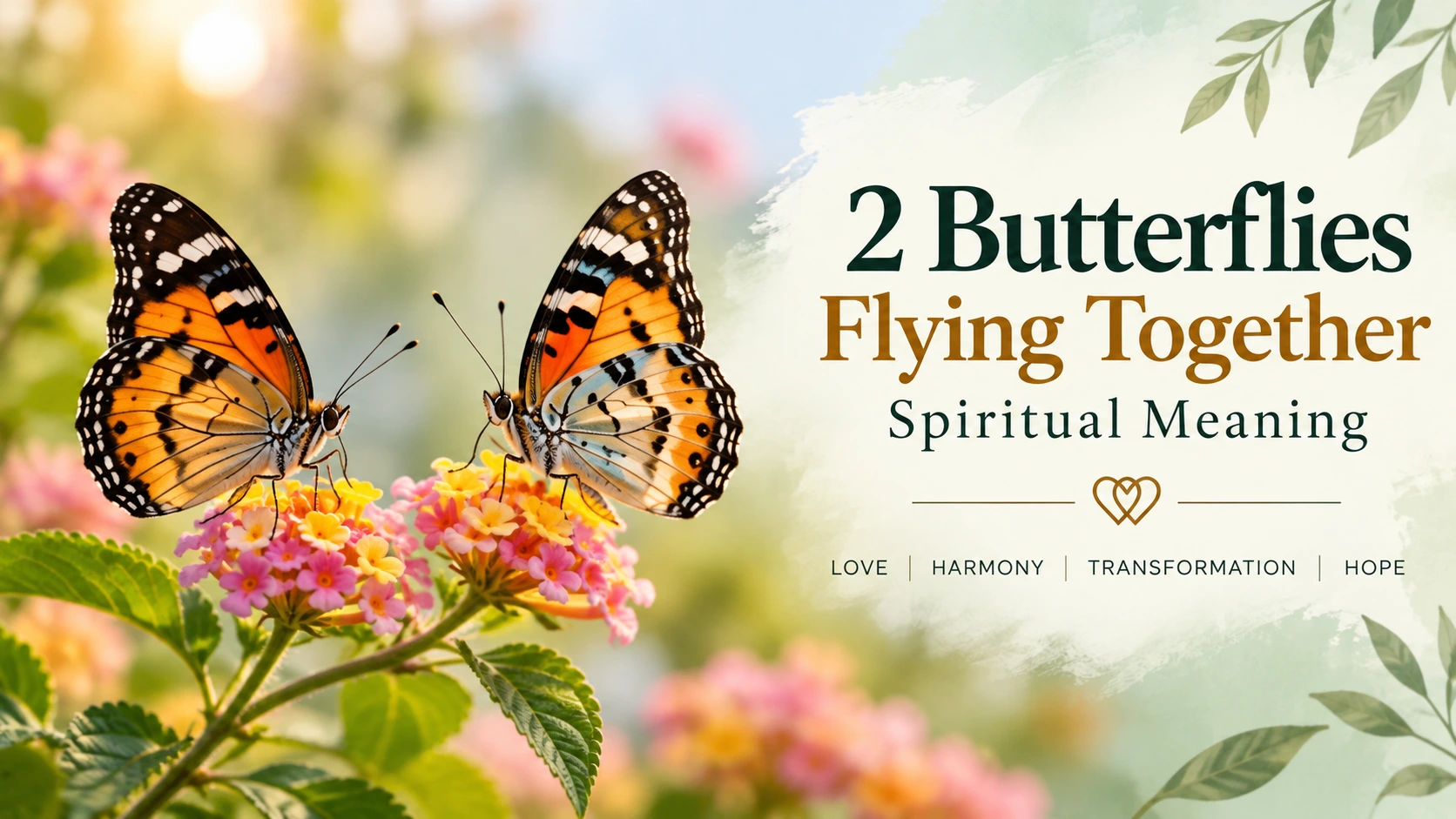 Two butterflies flying together over flowers with spiritual meaning of love, harmony, transformation, and hope