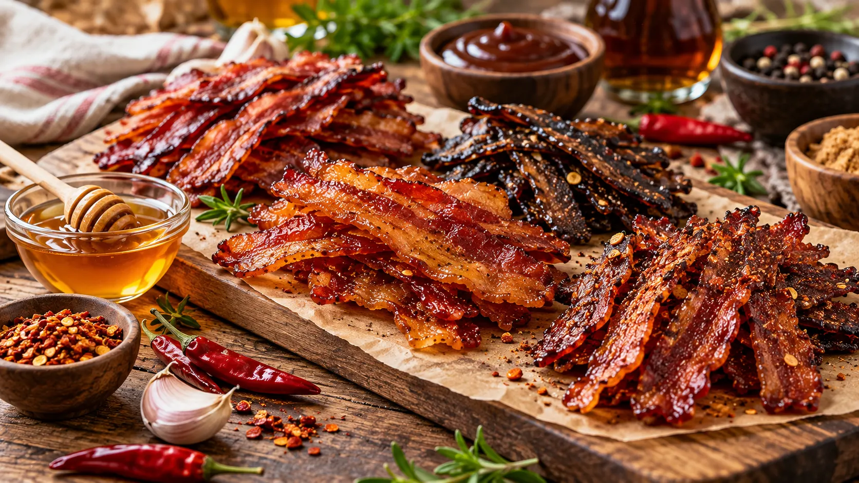 Assorted bacon jerky flavors with honey, BBQ sauce, spices, and chili peppers