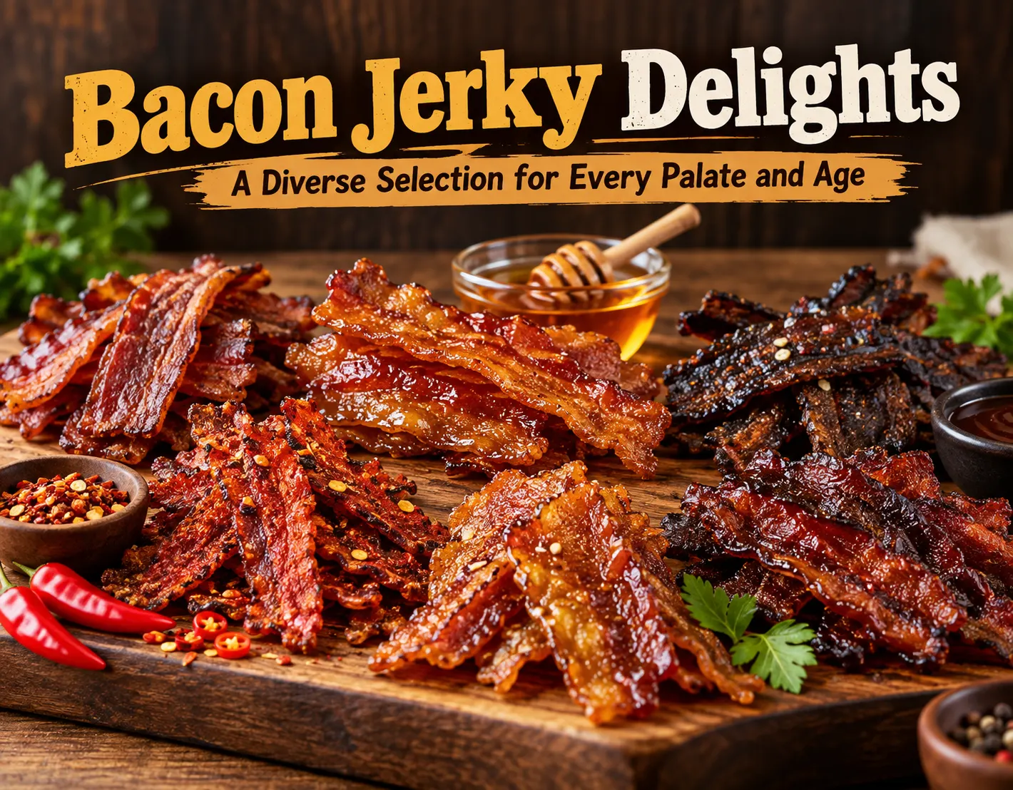 Bacon jerky delights featuring assorted smoked, spicy, sweet, and BBQ flavors