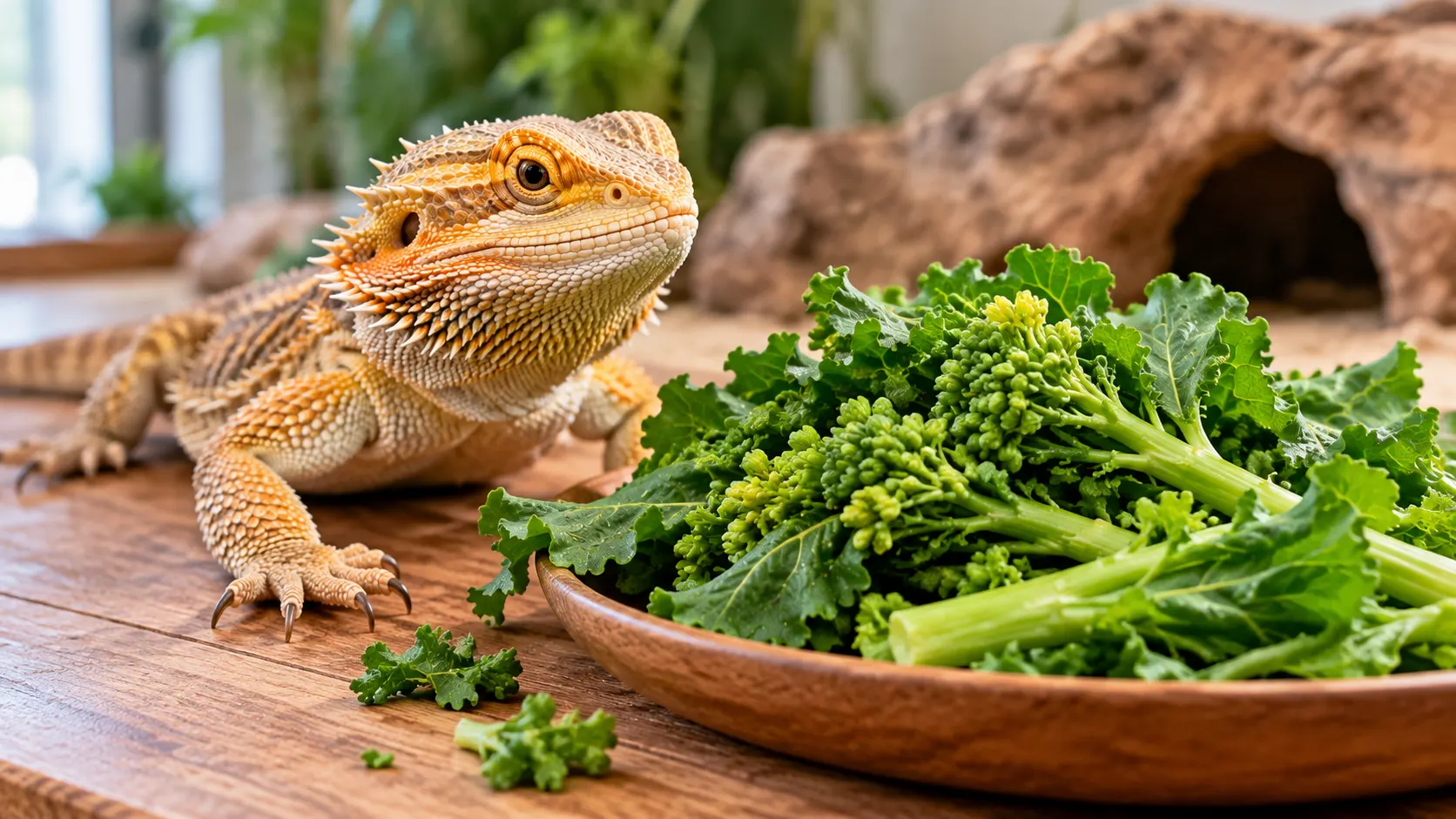 Bearded dragon looking at fresh rapini and leafy greens
