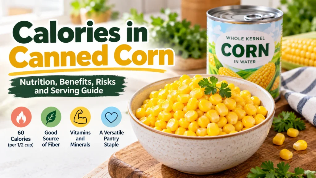 Calories in canned corn with nutrition, benefits, risks, and a bowl of whole-kernel corn