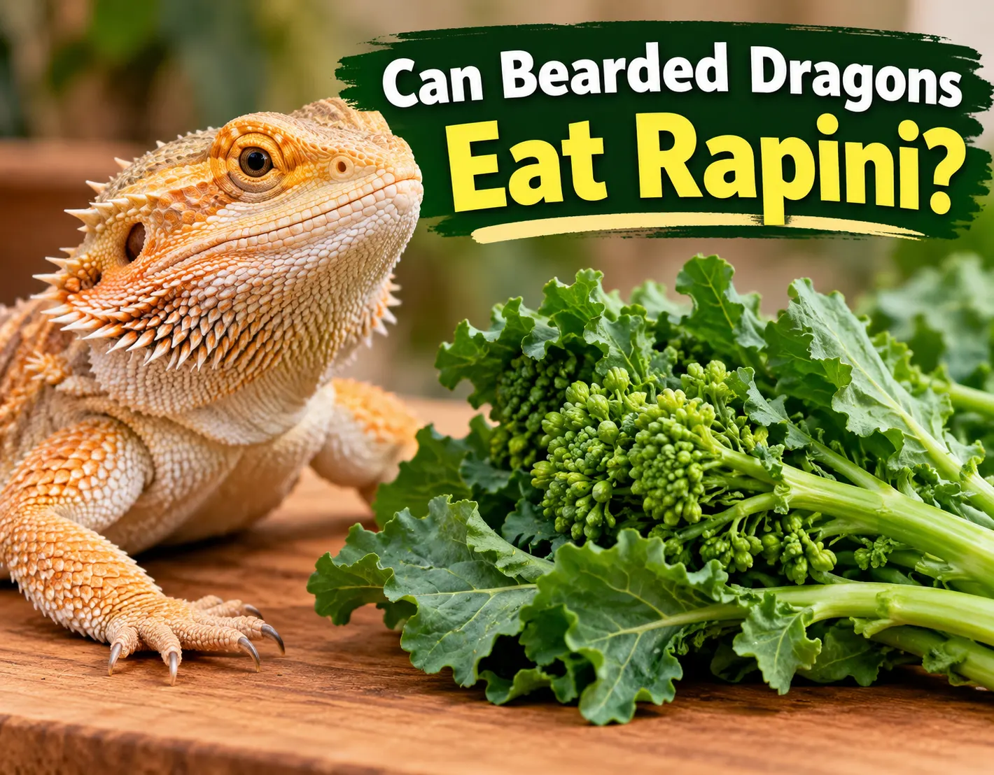 Bearded dragon beside fresh rapini or broccoli rabe