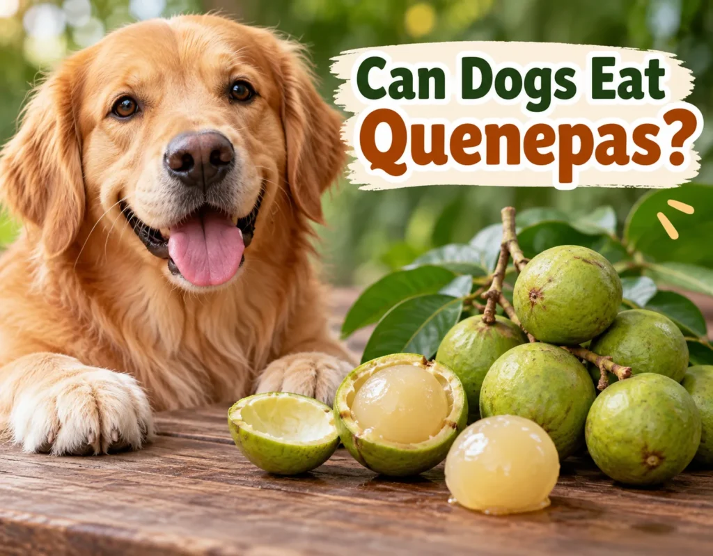 Golden retriever with fresh quenepas and peeled fruit showing whether dogs can eat quenepas