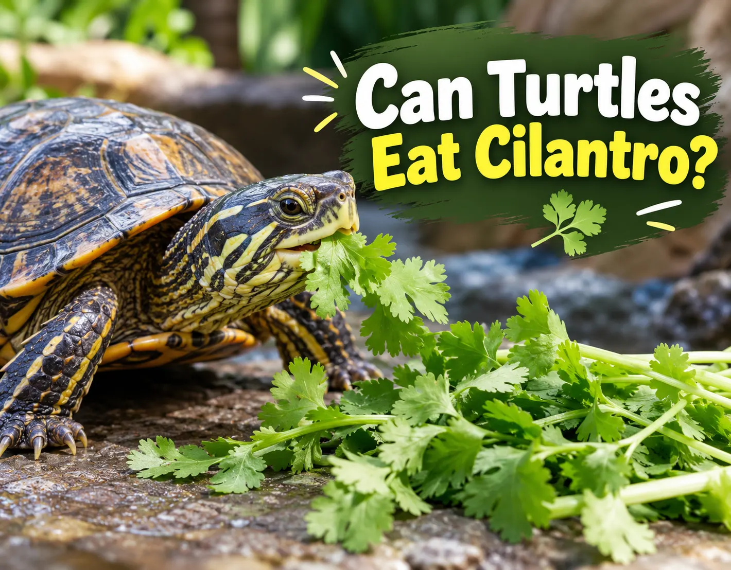 Turtle eating fresh cilantro with leafy greens nearby