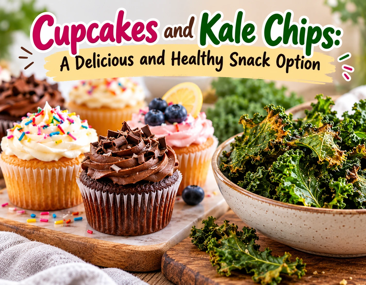 Cupcakes and crispy kale chips arranged together as sweet and savory snack options