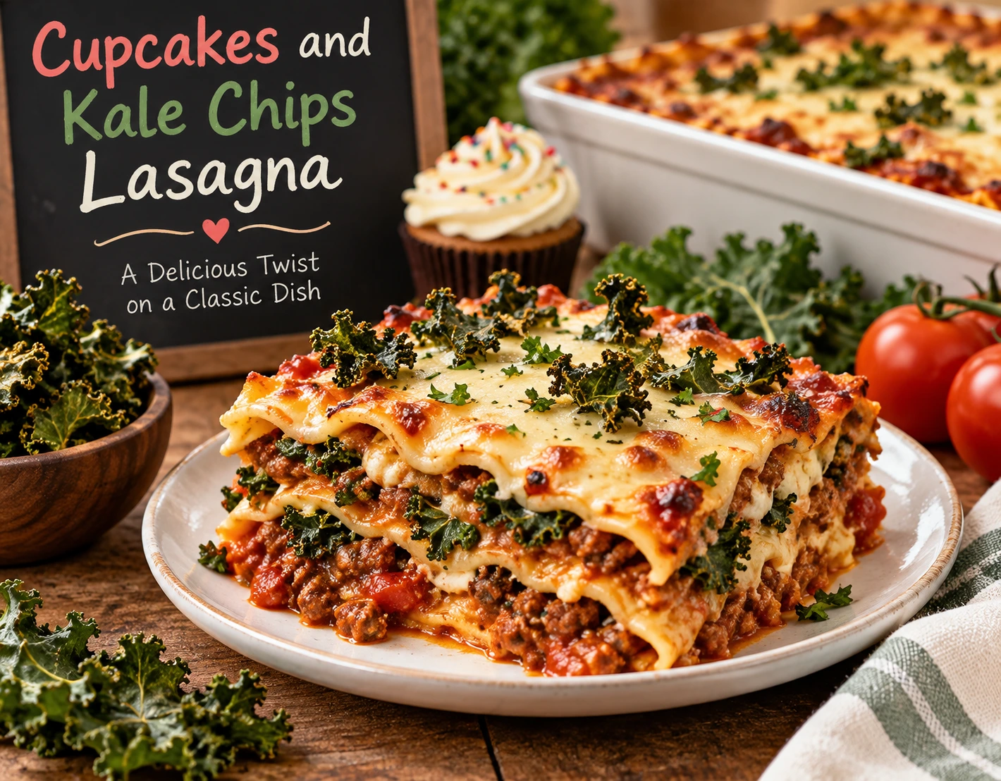 Cupcakes and kale chips lasagna served with crispy kale and melted cheese