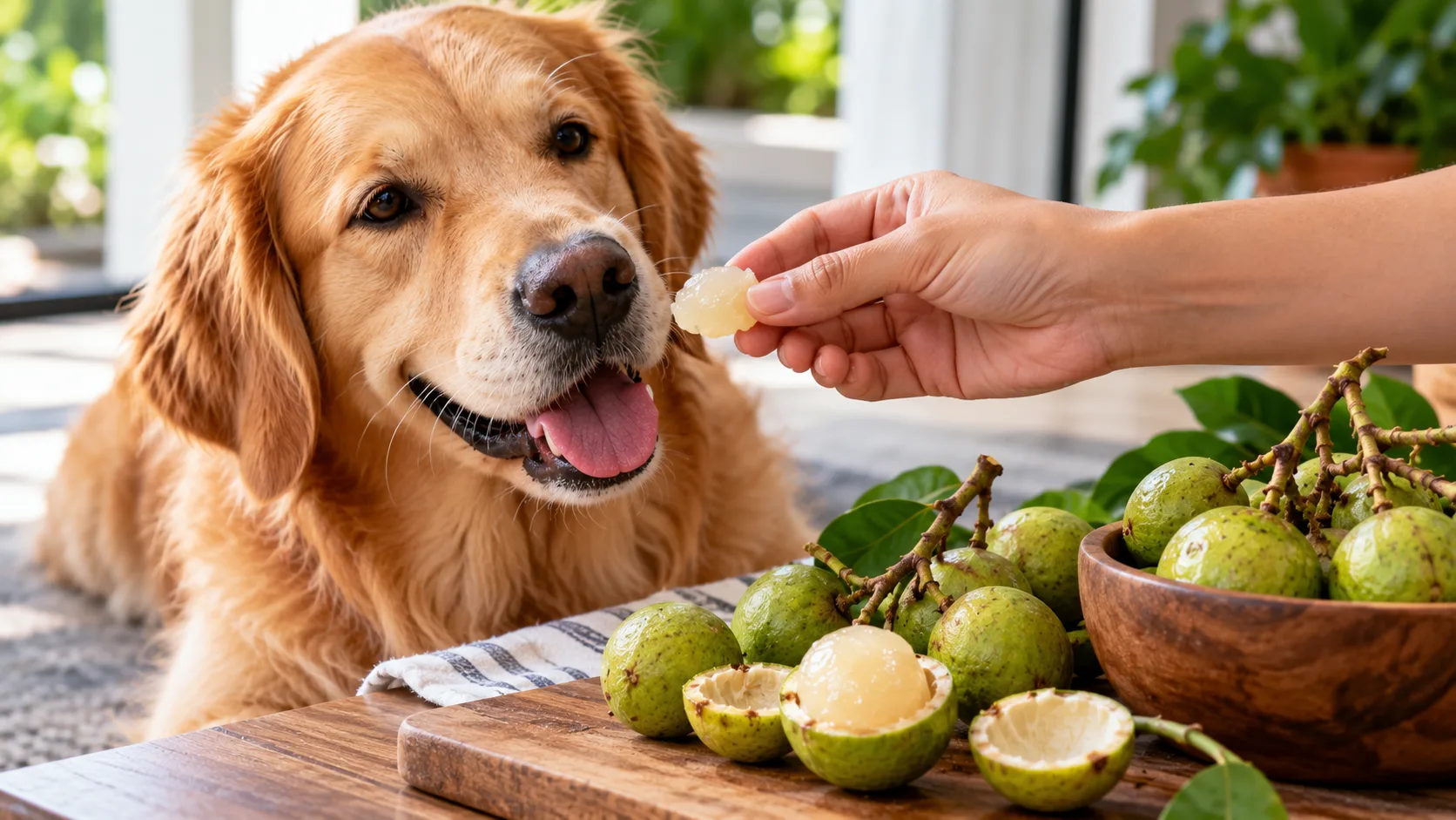 Golden retriever eating a small piece of peeled quenepa fruit from a person's hand
