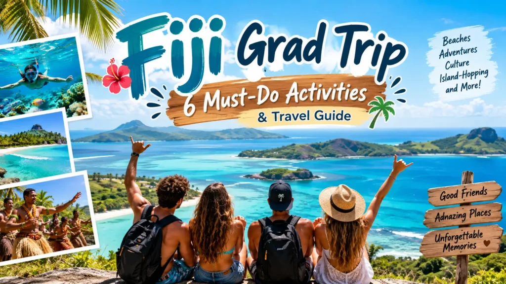 Fiji grad trip with friends overlooking tropical islands and turquoise ocean