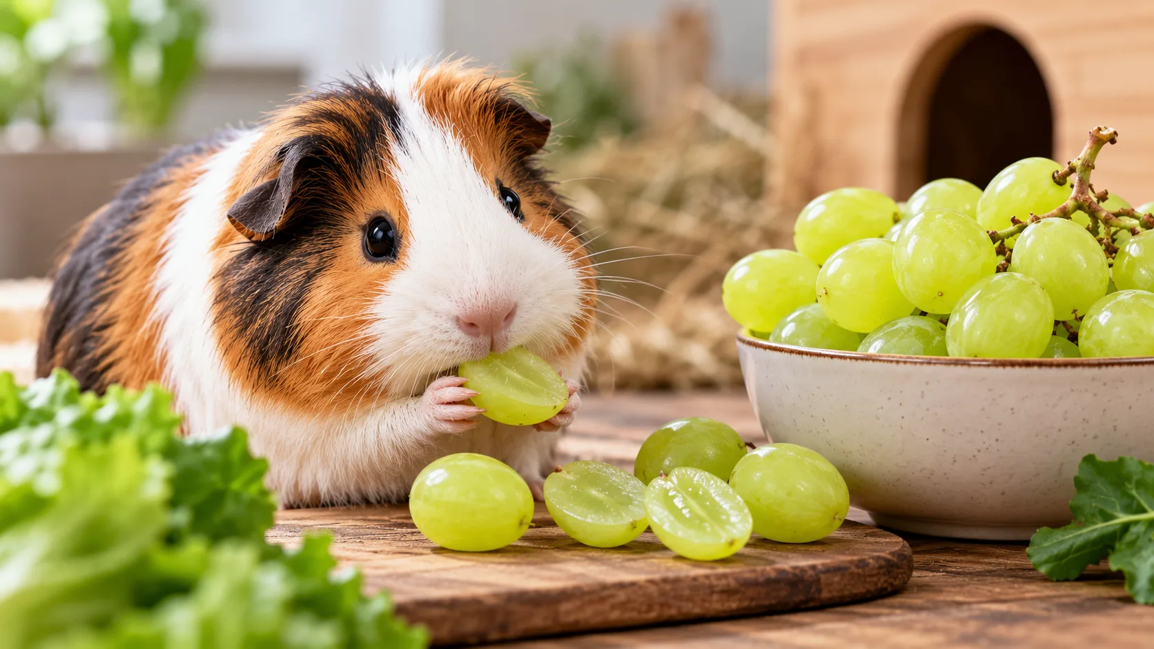 Guinea pig eating a green grape beside a bowl of grapes