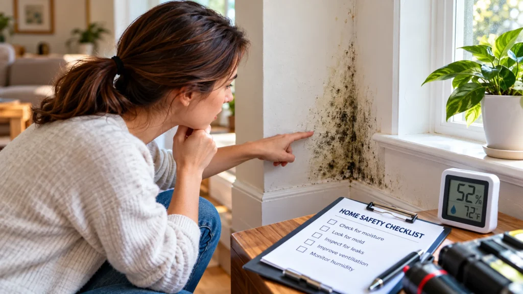 Homeowner inspecting mold and moisture damage near a window with a humidity monitor and home safety checklist