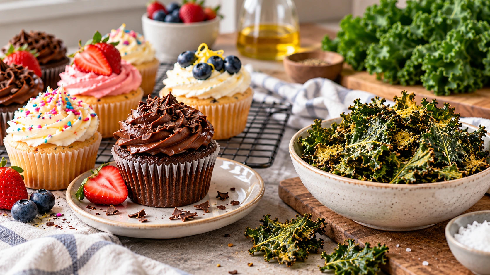 Homemade cupcakes and seasoned kale chips prepared in a cozy kitchen setting