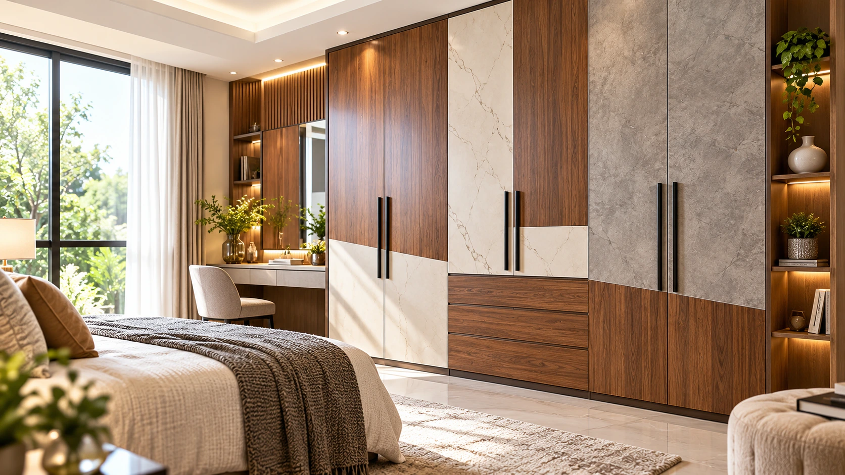 Modern bedroom with a stylish Sunmica digital laminate wardrobe