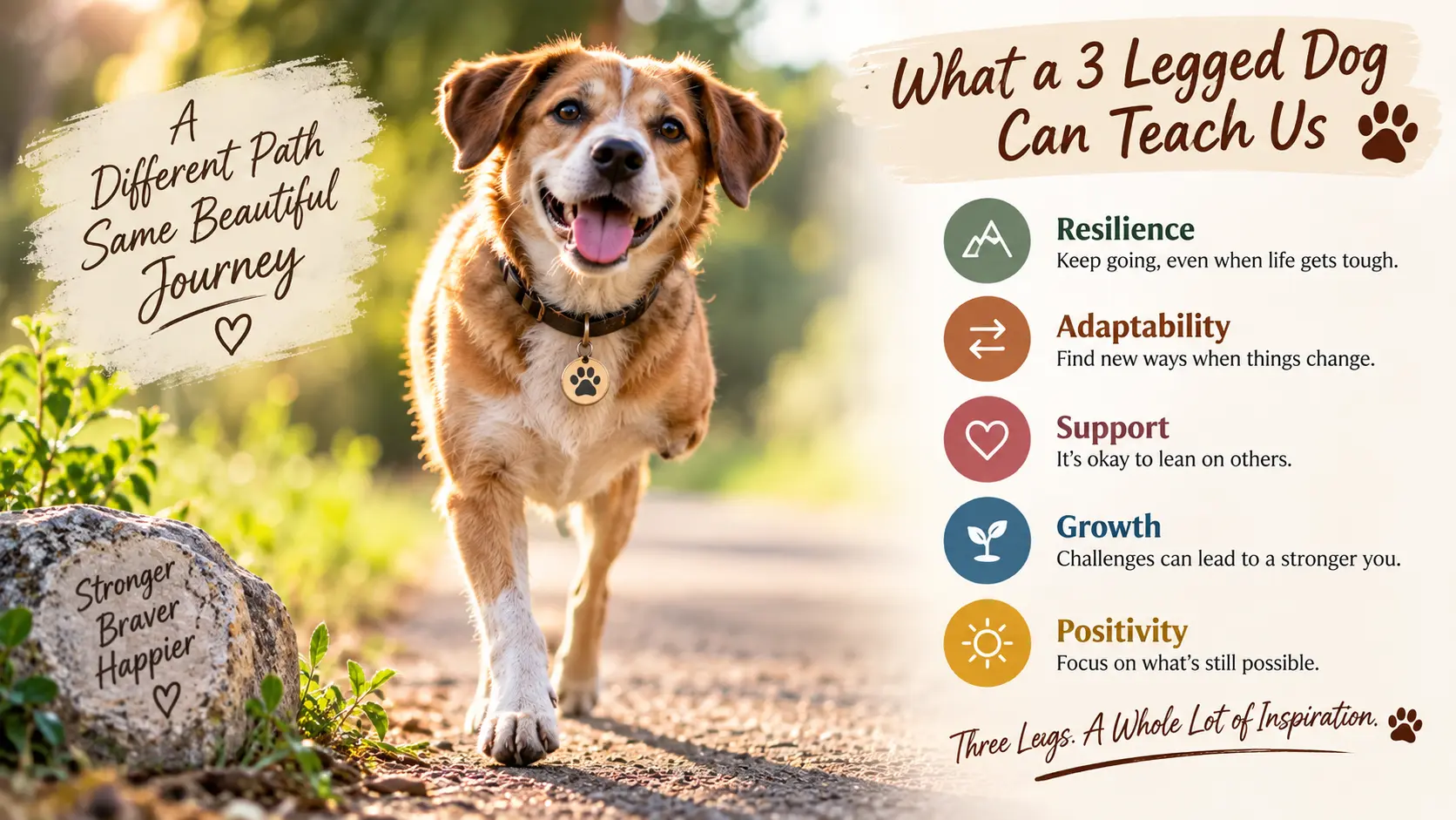 Three-legged dog representing resilience, adaptability, support, growth, and positivity