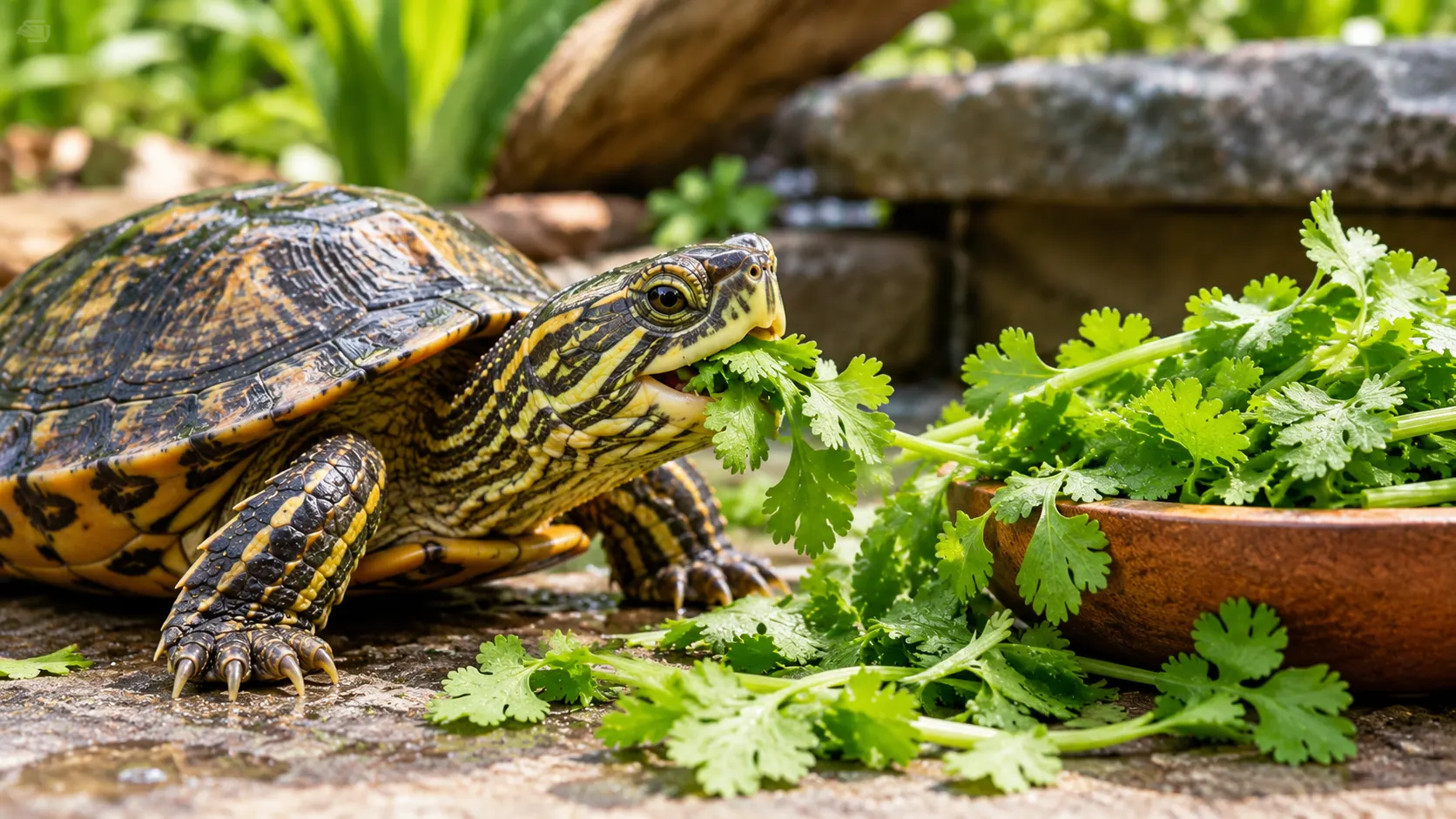 Freshwater turtle eating cilantro from a bowl outdoors