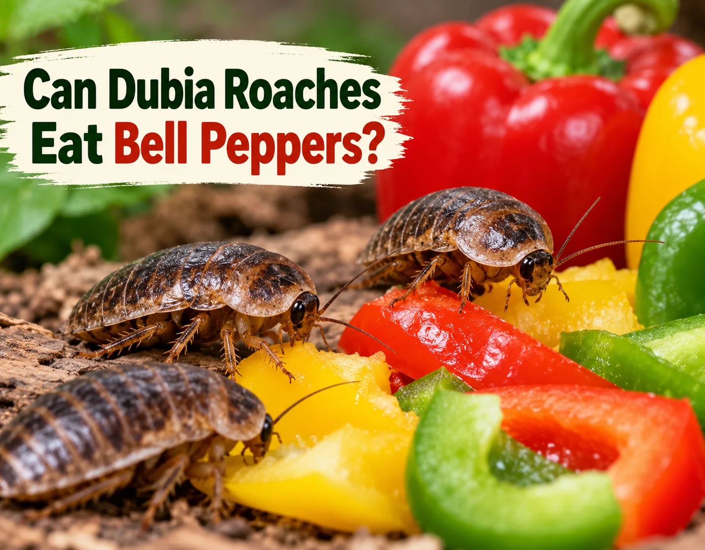 Dubia roaches eating colorful bell peppers