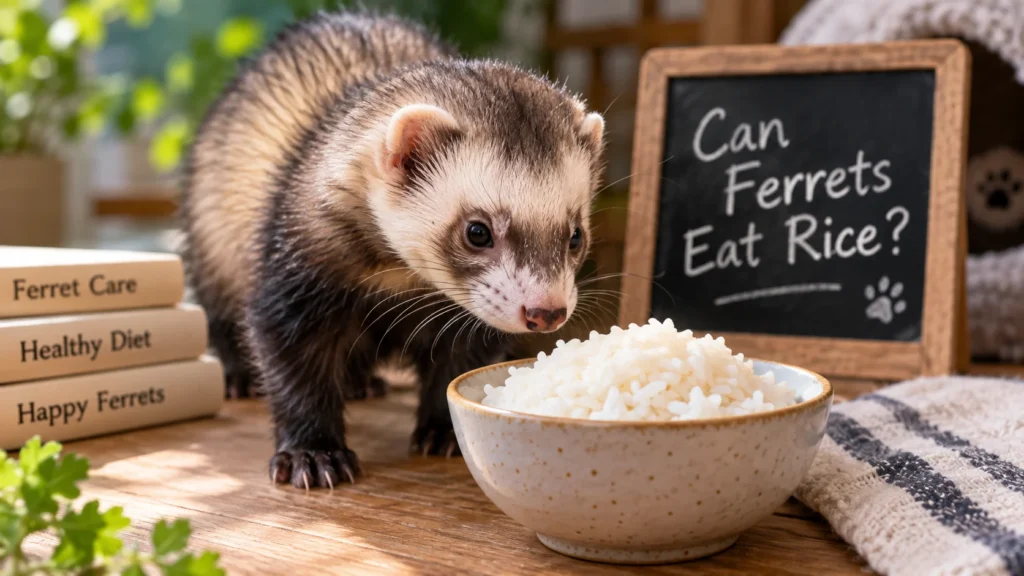 Ferret looking at a bowl of plain cooked rice while considering whether ferrets can eat rice