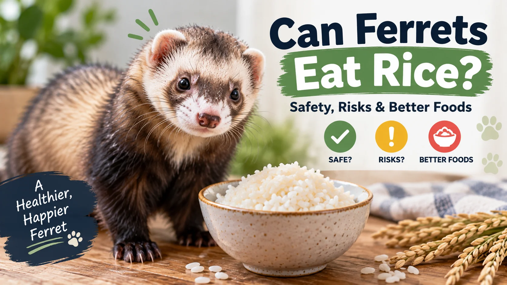 Can ferrets eat rice? Ferret beside a bowl of rice with safety risks and better food choices