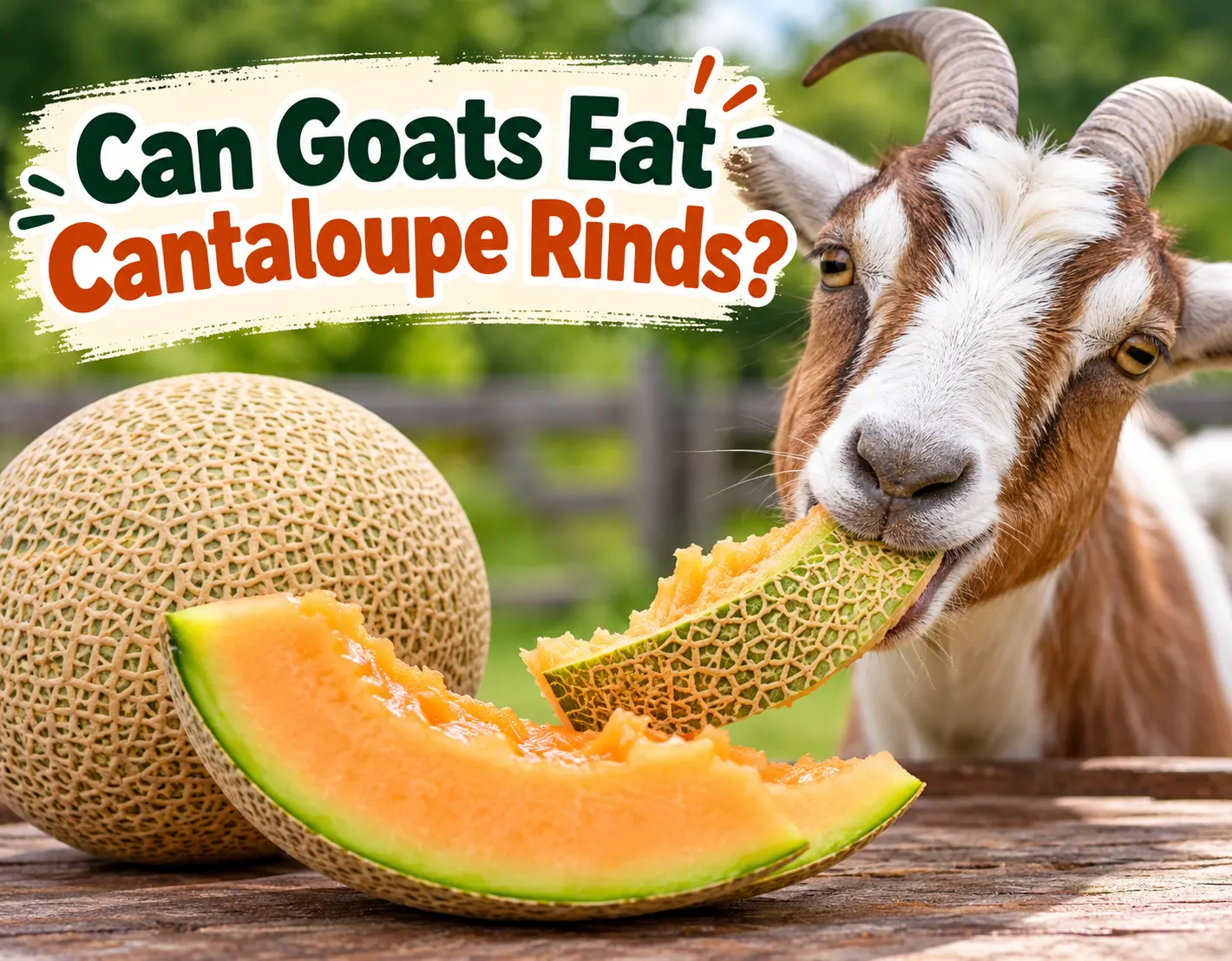 Goat eating cantaloupe rind on a farm