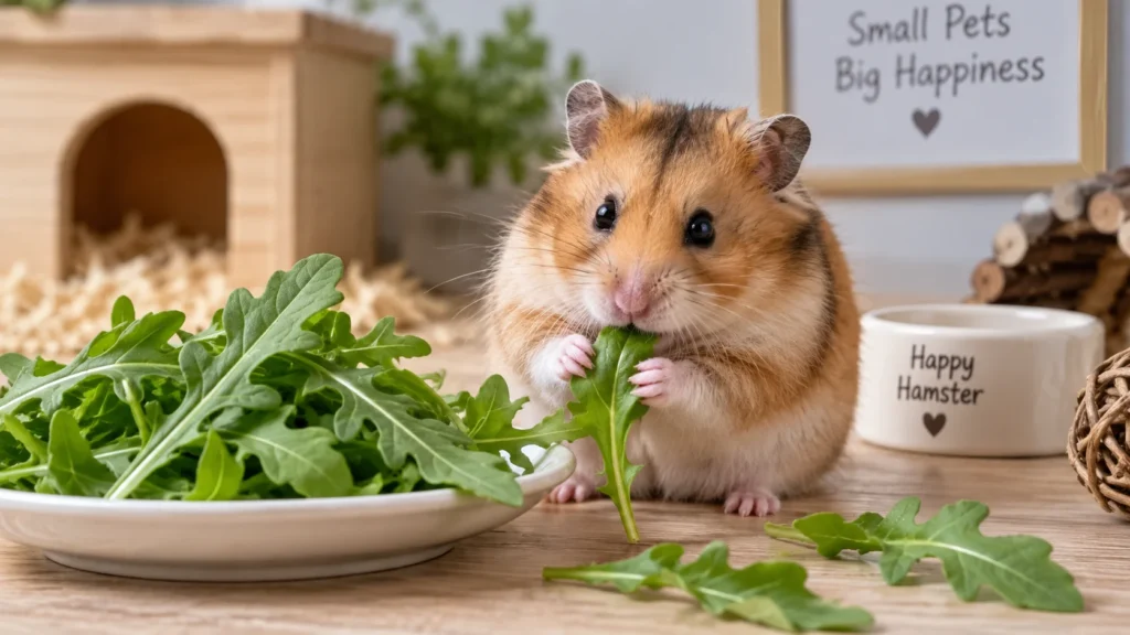 Hamster eating fresh arugula leaves as an occasional treat