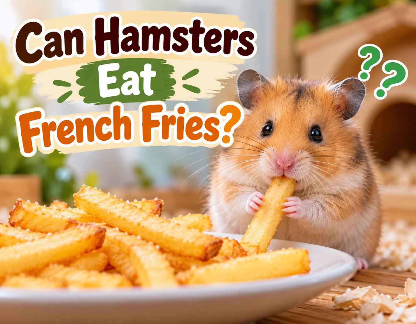 Hamster eating a French fry while sitting beside a plate of fries