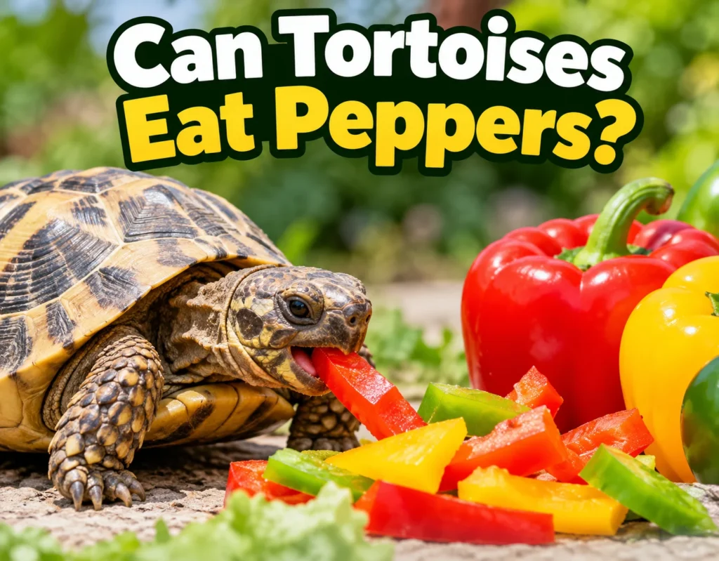 Tortoise eating a red bell pepper with yellow peppers and leafy greens