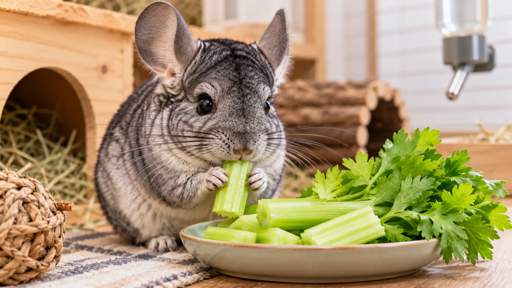 Chinchilla eating a small piece of fresh celery