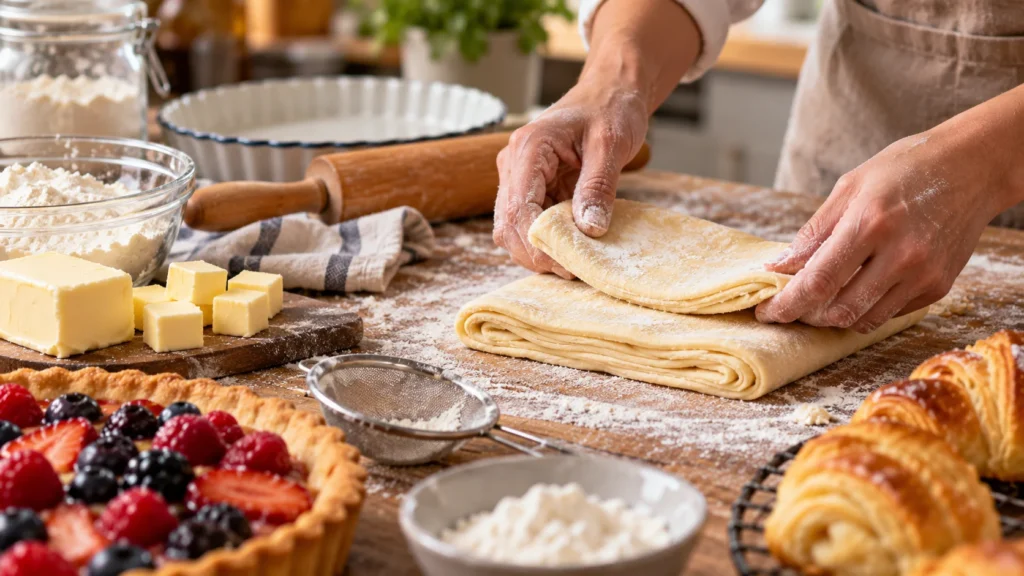 Flaky pastry dough being folded with cold butter, flour and baking tools for creating crisp layered pastry