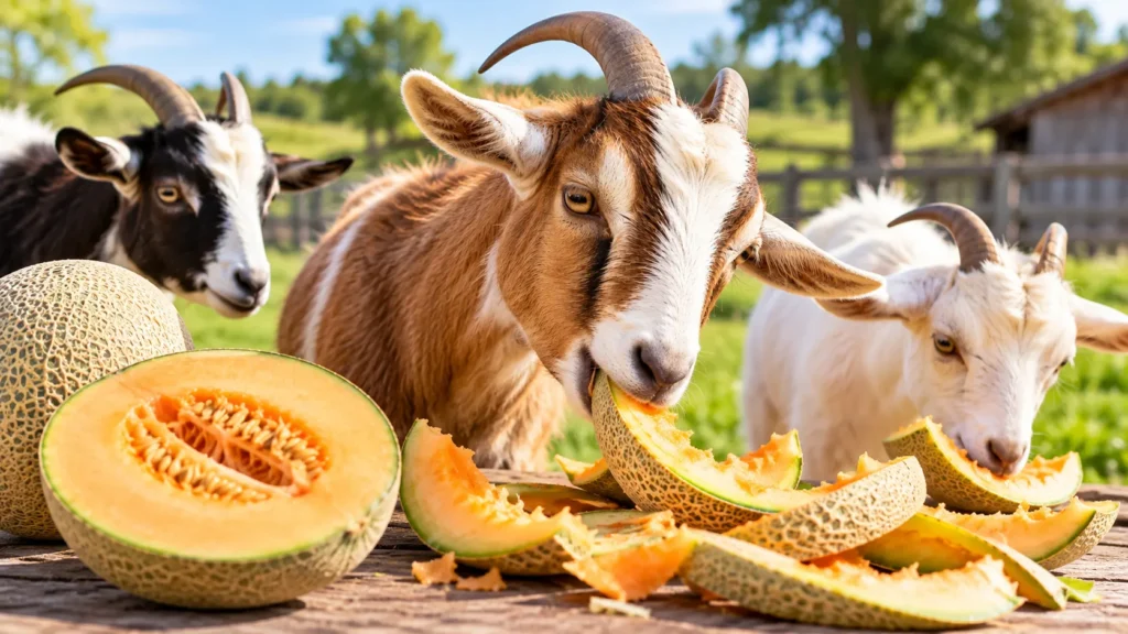 Goats eating cantaloupe rinds and melon pieces on a farm