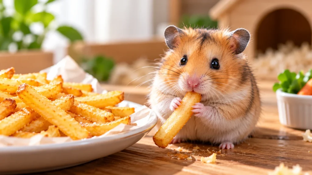 Realistic hamster holding and eating a French fry beside a plate of fries