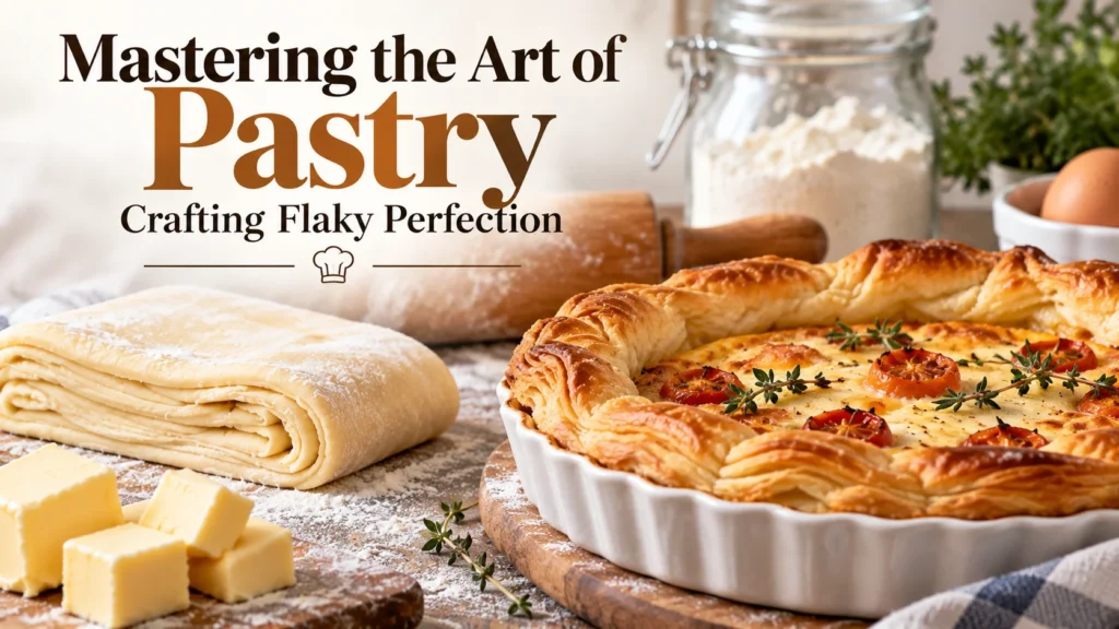 Mastering the art of pastry with flaky layered dough, golden pastry, butter and baking tools