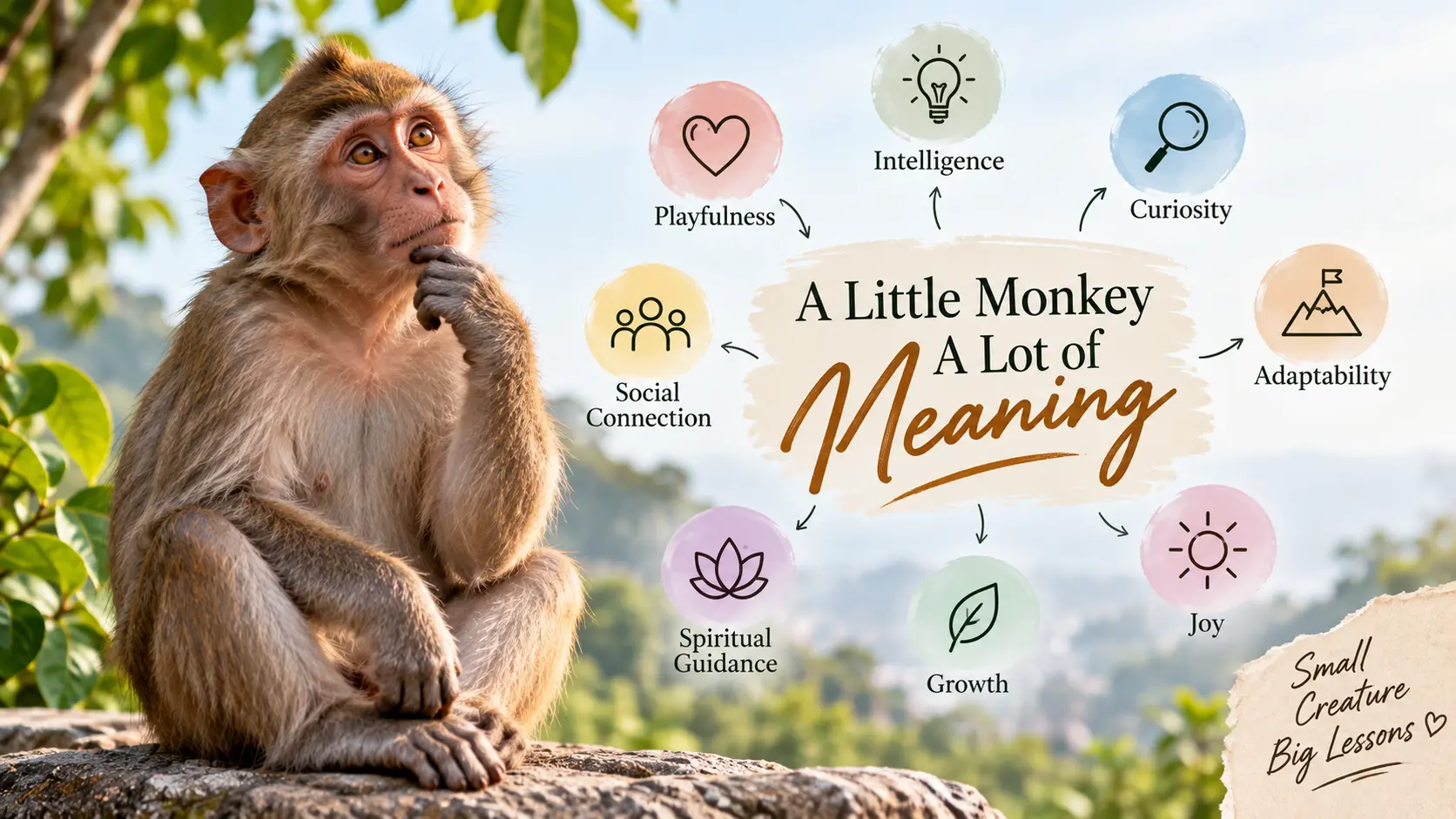 Monkey spiritual symbolism representing intelligence, playfulness, curiosity, adaptability, and growth