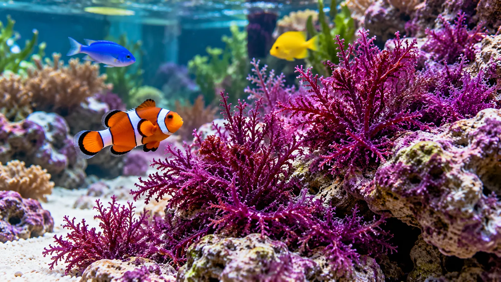Realistic aquarium scene with purple algae, rocks, and colorful fish