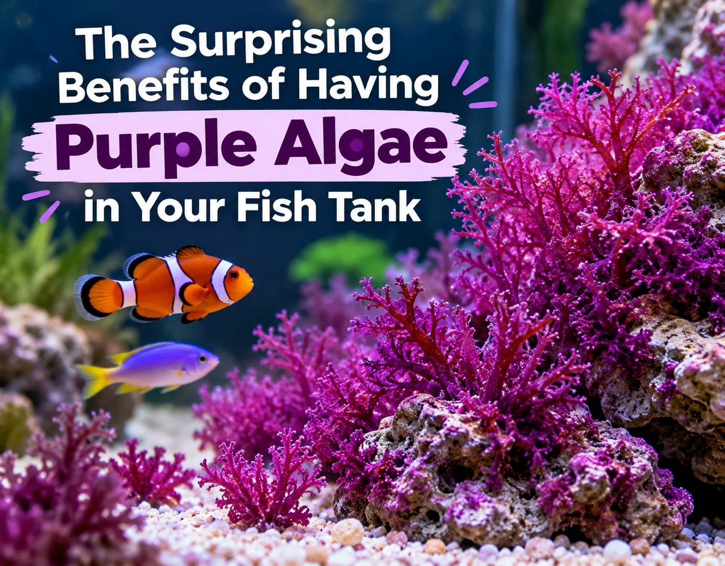 Purple algae growing in a fish tank with colorful fish