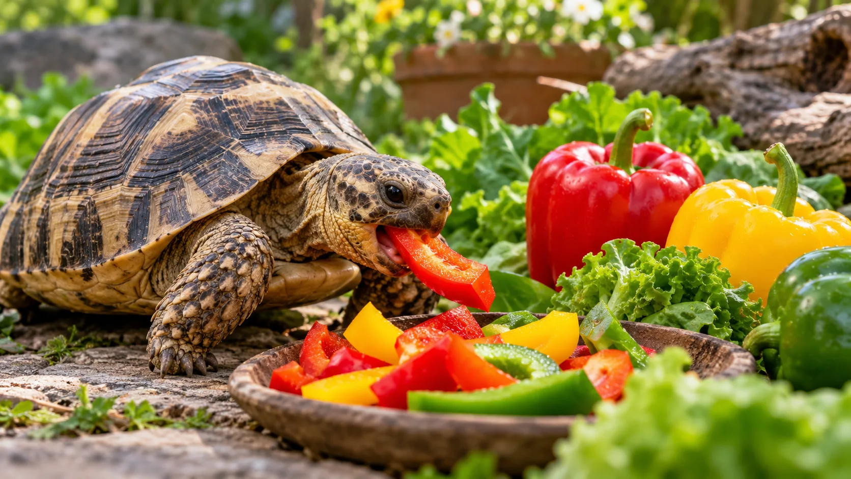 Tortoise eating bell pepper beside sliced red, yellow, and green peppers